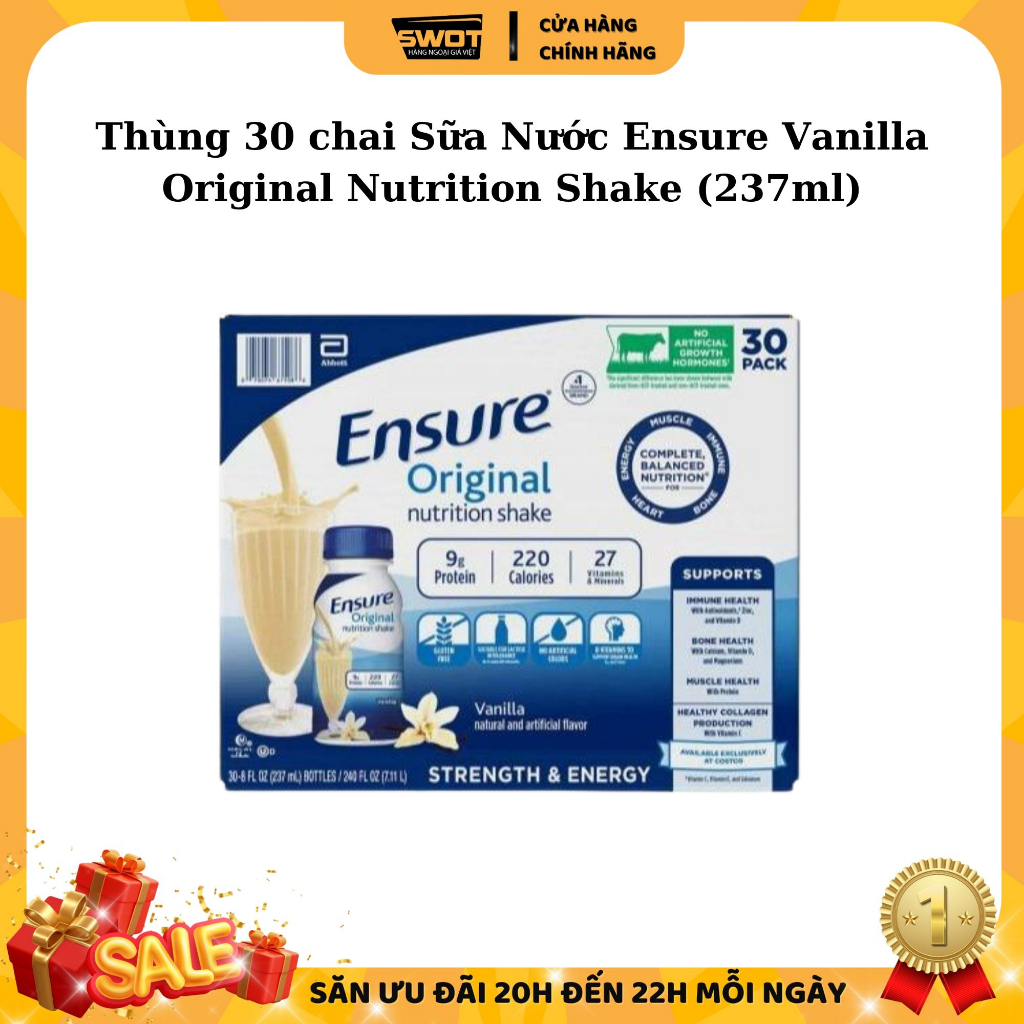 Thùng 30 chai Sữa Nước Ensure Vanilla Original Nutrition Shake (237ml) - SWOT review hàng Mỹ