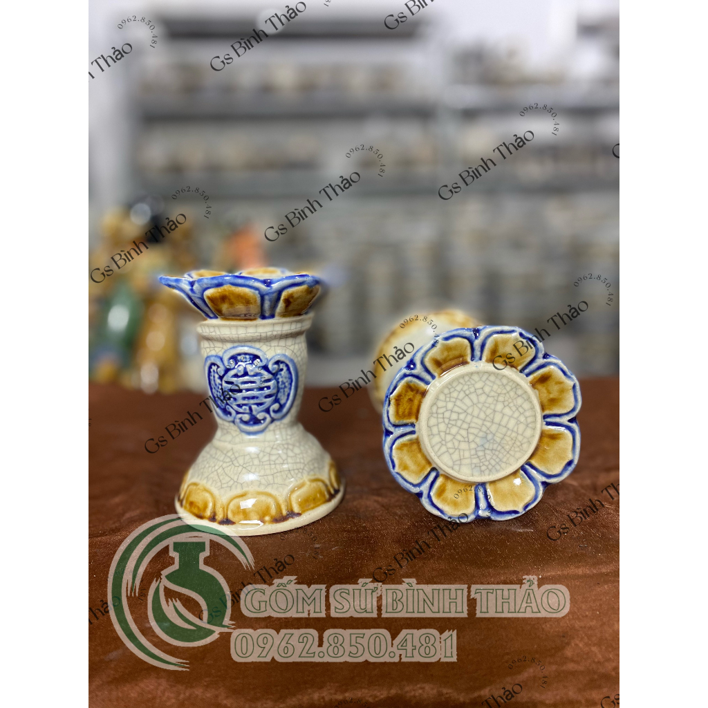 Chân nến thờ, đế nến, đế thắp nến đồ thờ cúng men rạn nổi Bát Tràng chuẩn 100%