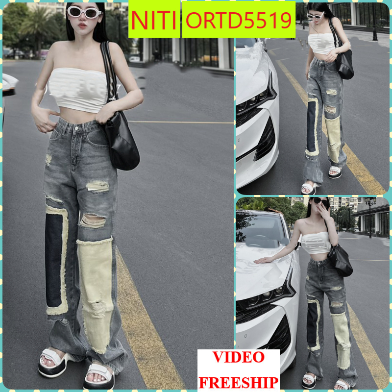 [ORTD5519]QUẦN JEANS ỐNG RỘNG NỮ LƯNG CAO RÁCH MẢNG TRẮNG ĐẬM ĐÙI GỐI