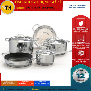 Bộ nồi chảo inox 5 đáy sunhouse shg995 hàng chính hãng, bảo hành 12 tháng