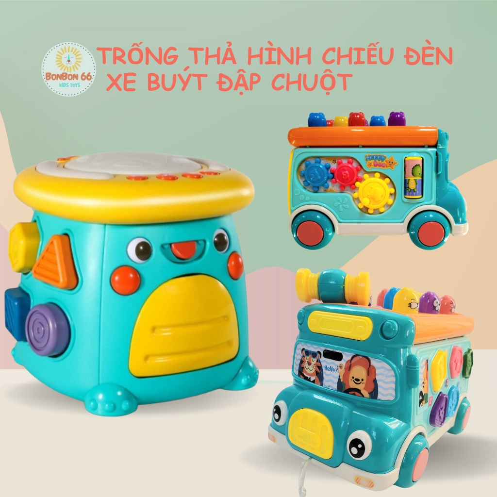 Bộ Đồ Chơi Montessori Xe Ô tô Buýt Đa Năng Phản Xạ Đạp Chuột Thả Hình Khối Có Nhạc Đèn ,Trống Hình Chiếu Đèn Cho Bé
