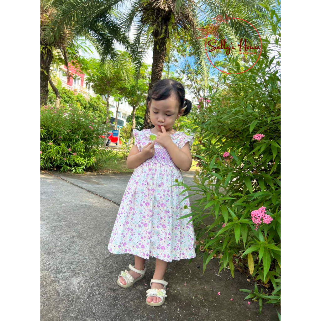 Đầm cho bé gái, đầm smock hoa tím, cổ bèo, đầm xích móc cho bé gái, vải cotton mềm mịn, đầm hai lớp.