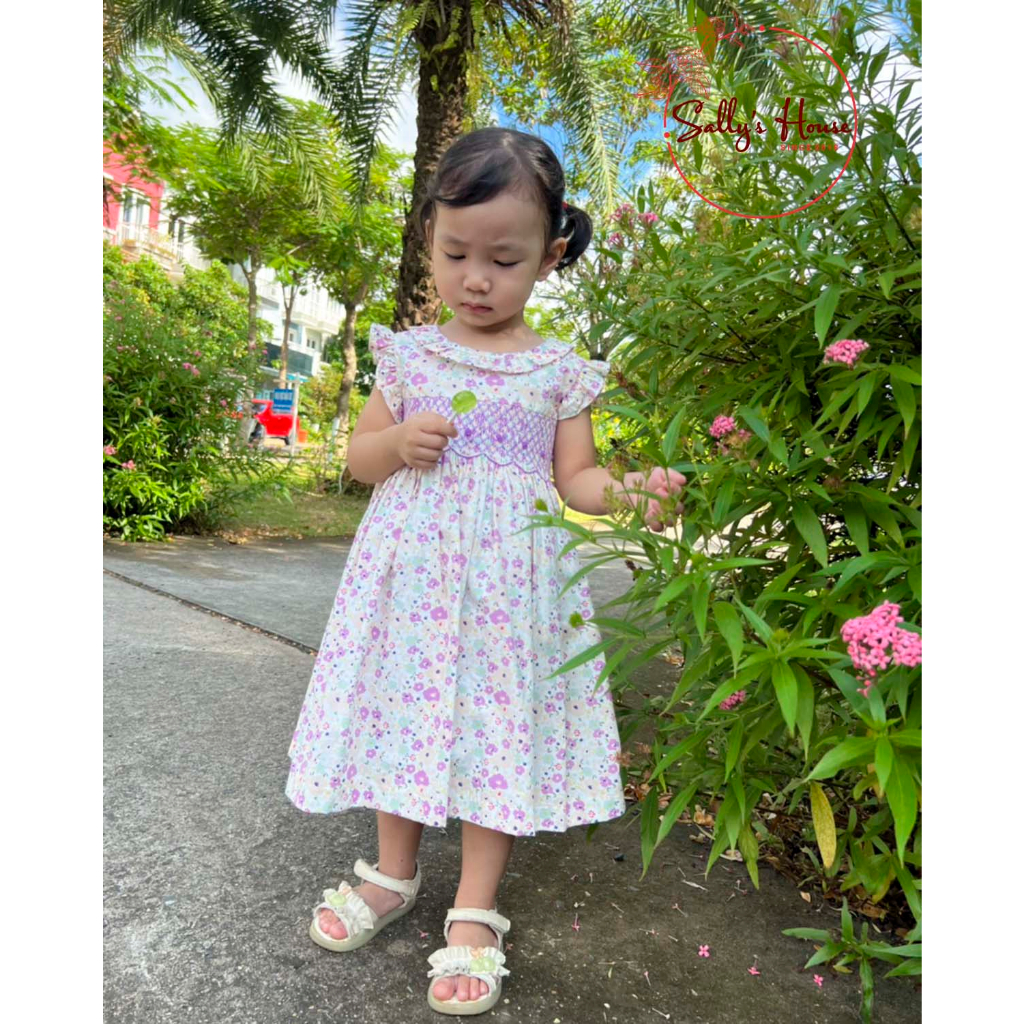 Đầm cho bé gái, đầm smock hoa tím, cổ bèo, đầm xích móc cho bé gái, vải cotton mềm mịn, đầm hai lớp.