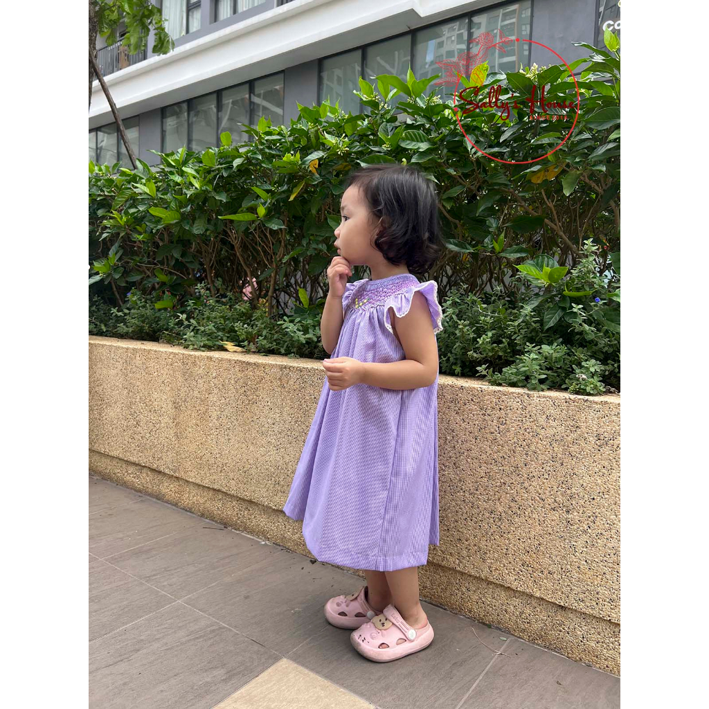 Đầm xích móc tím cho bé gái, vải cotton lụa mềm ít nhăn. đầm bé gái hai lớp, đầm smock caro tím