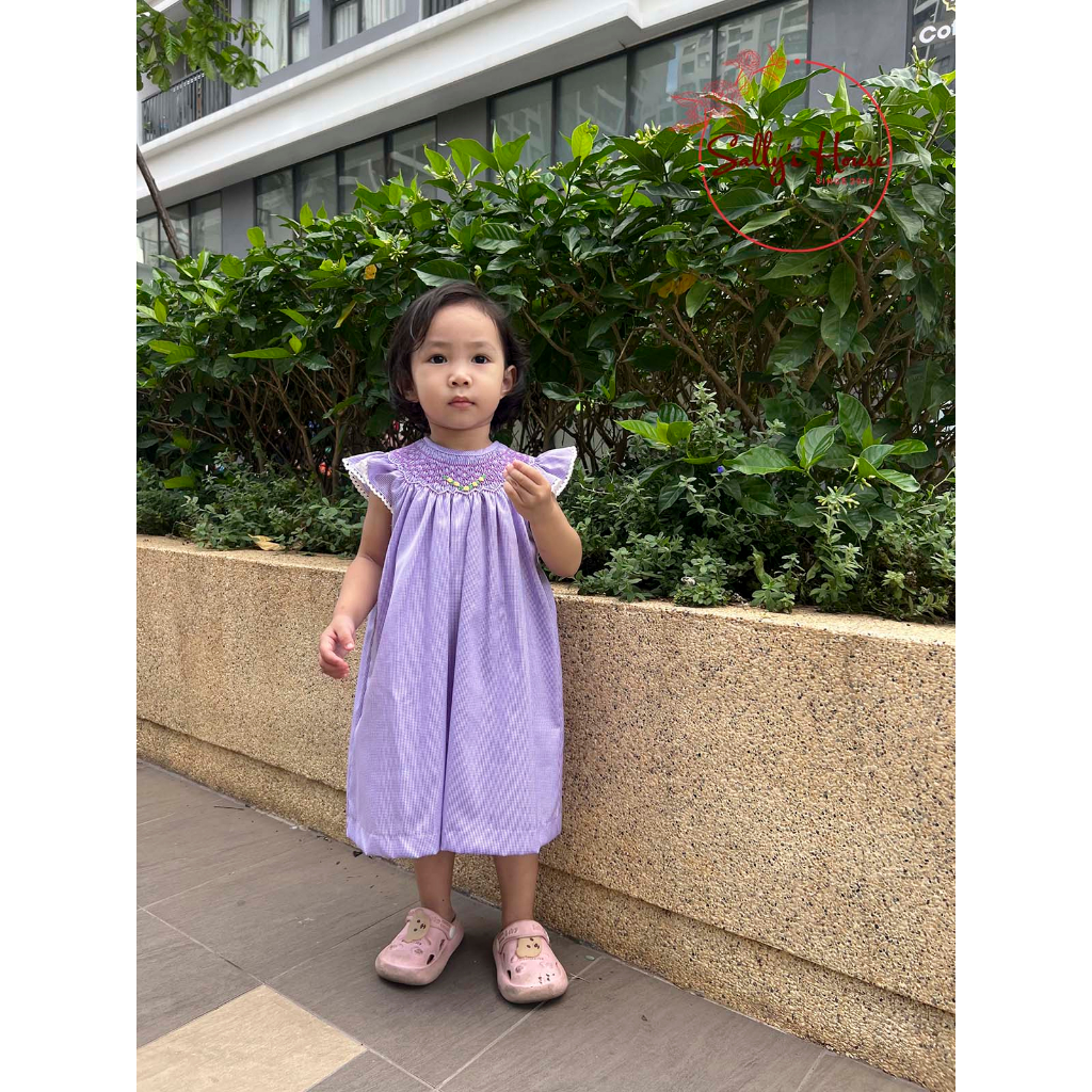 Đầm xích móc tím cho bé gái, vải cotton lụa mềm ít nhăn. đầm bé gái hai lớp, đầm smock caro tím