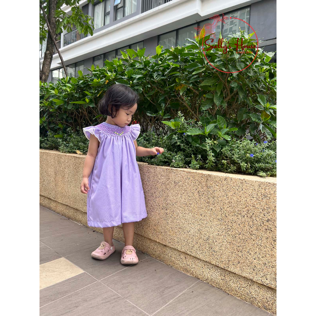 Đầm xích móc tím cho bé gái, vải cotton lụa mềm ít nhăn. đầm bé gái hai lớp, đầm smock caro tím