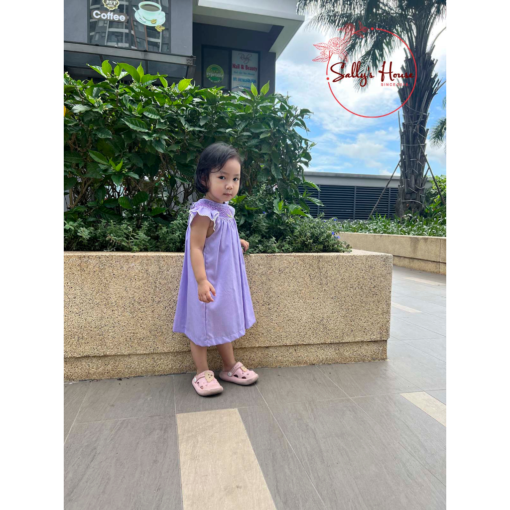 Đầm xích móc tím cho bé gái, vải cotton lụa mềm ít nhăn. đầm bé gái hai lớp, đầm smock caro tím