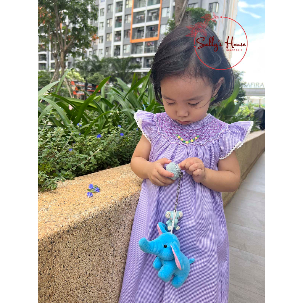 Đầm xích móc tím cho bé gái, vải cotton lụa mềm ít nhăn. đầm bé gái hai lớp, đầm smock caro tím