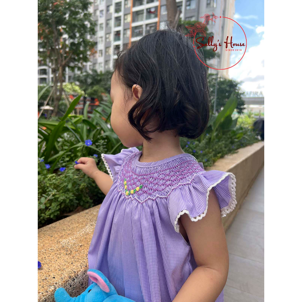 Đầm xích móc tím cho bé gái, vải cotton lụa mềm ít nhăn. đầm bé gái hai lớp, đầm smock caro tím
