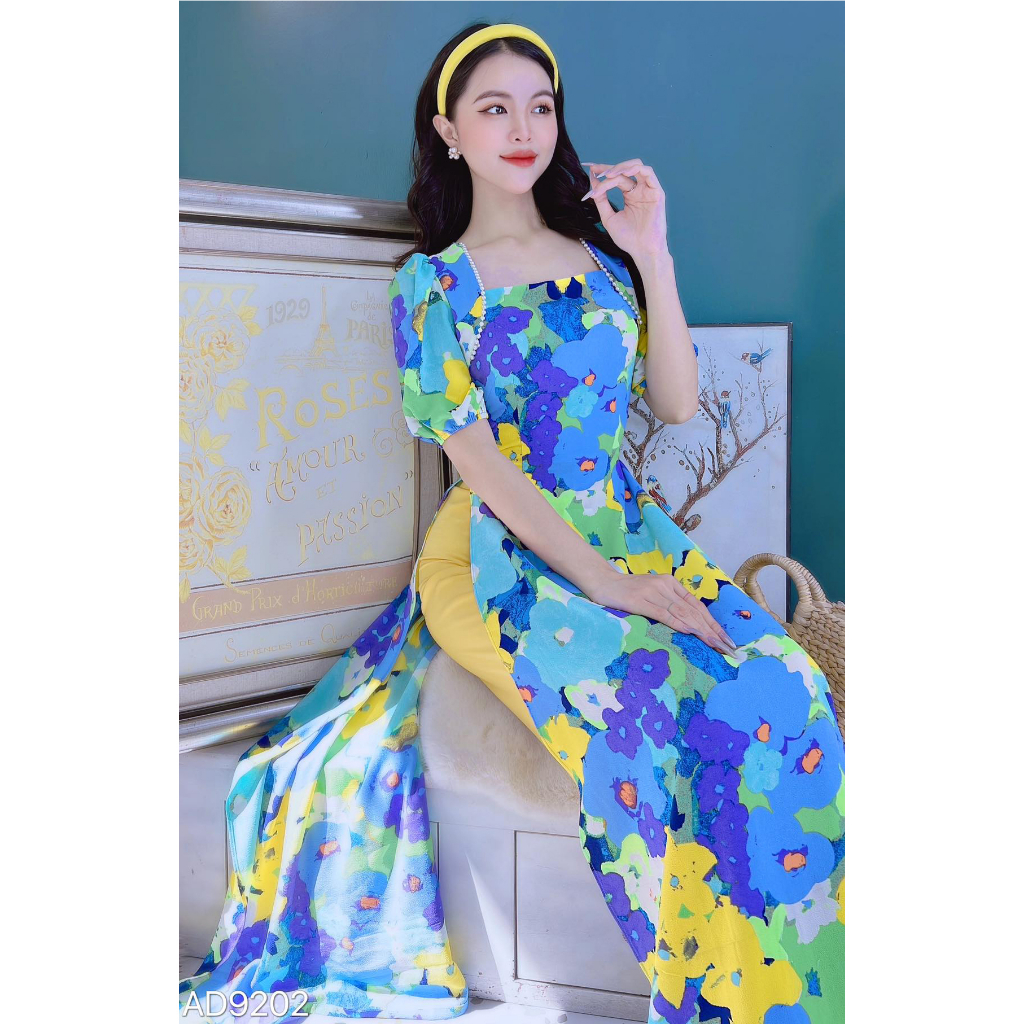 Áo dài hoa cách tân nữ cổ vuông tay phồng đính ngọc mị châu AD9202 - không kèm quần