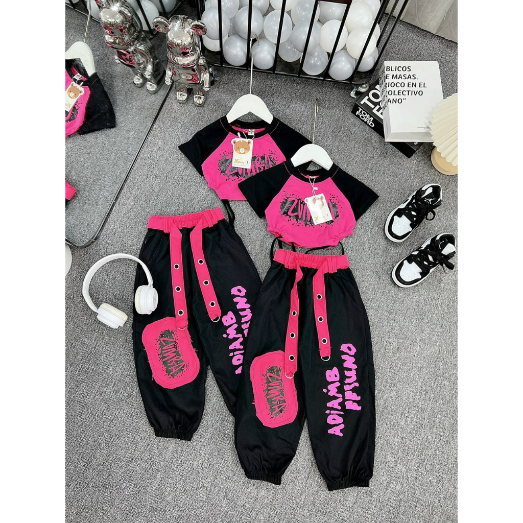 Bộ bé gái_Set quần áo bé gái phong cách Zumba Hiphop áo rút dây quần bo túi hộp 12-35kg XHN1419