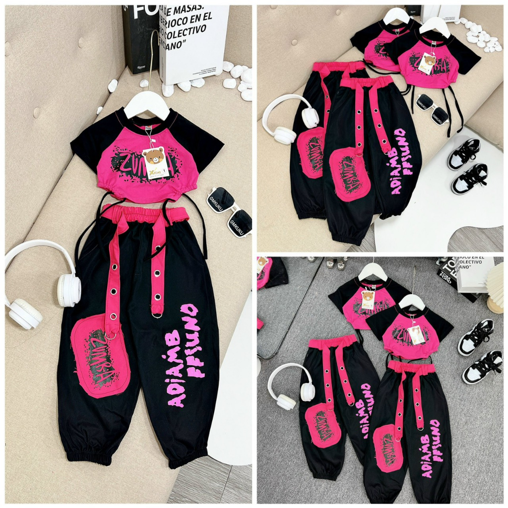 Bộ bé gái_Set quần áo bé gái phong cách Zumba Hiphop áo rút dây quần bo túi hộp 12-35kg XHN1419