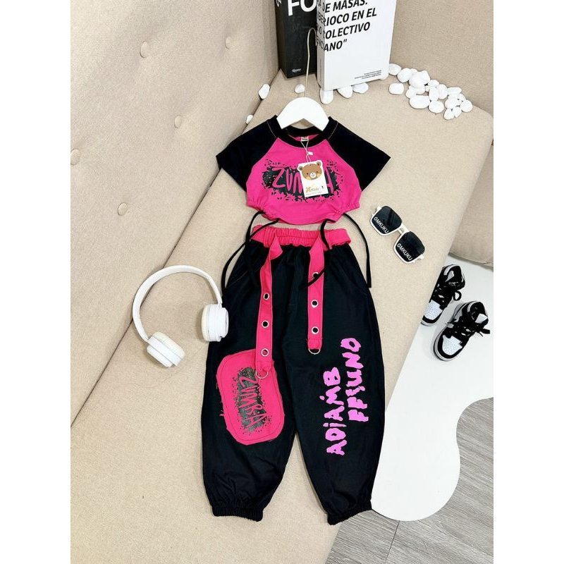 Bộ bé gái_Set quần áo bé gái phong cách Zumba Hiphop áo rút dây quần bo túi hộp 12-35kg XHN1419