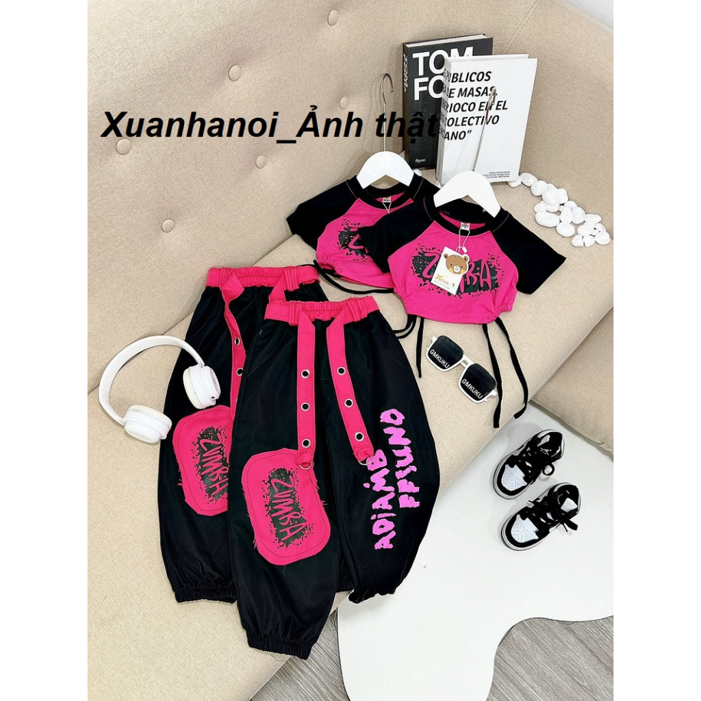 Bộ bé gái_Set quần áo bé gái phong cách Zumba Hiphop áo rút dây quần bo túi hộp 12-35kg XHN1419