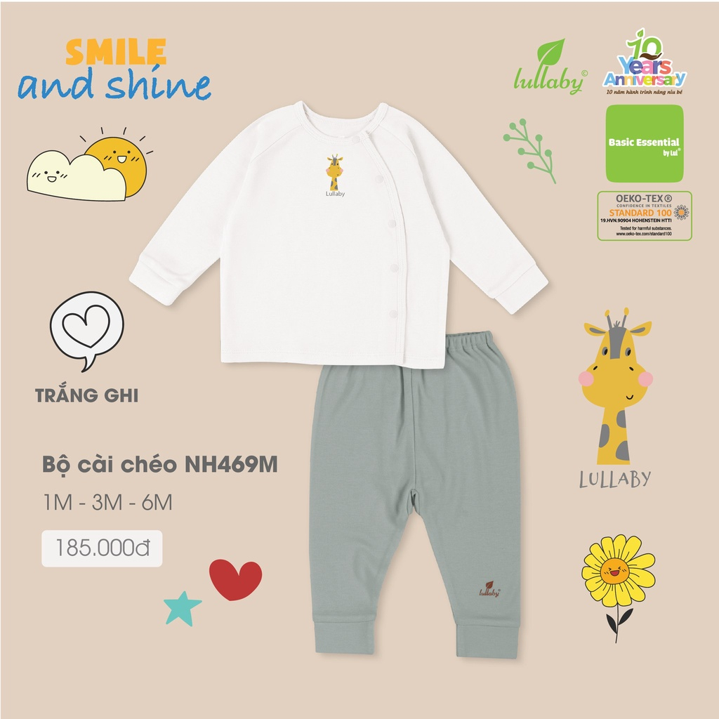 Bộ Quần Áo Dài Tay Sơ Sinh Lullaby Cài Chéo Chất Liệu Cotton NH469M - Hàng Chính Hãng