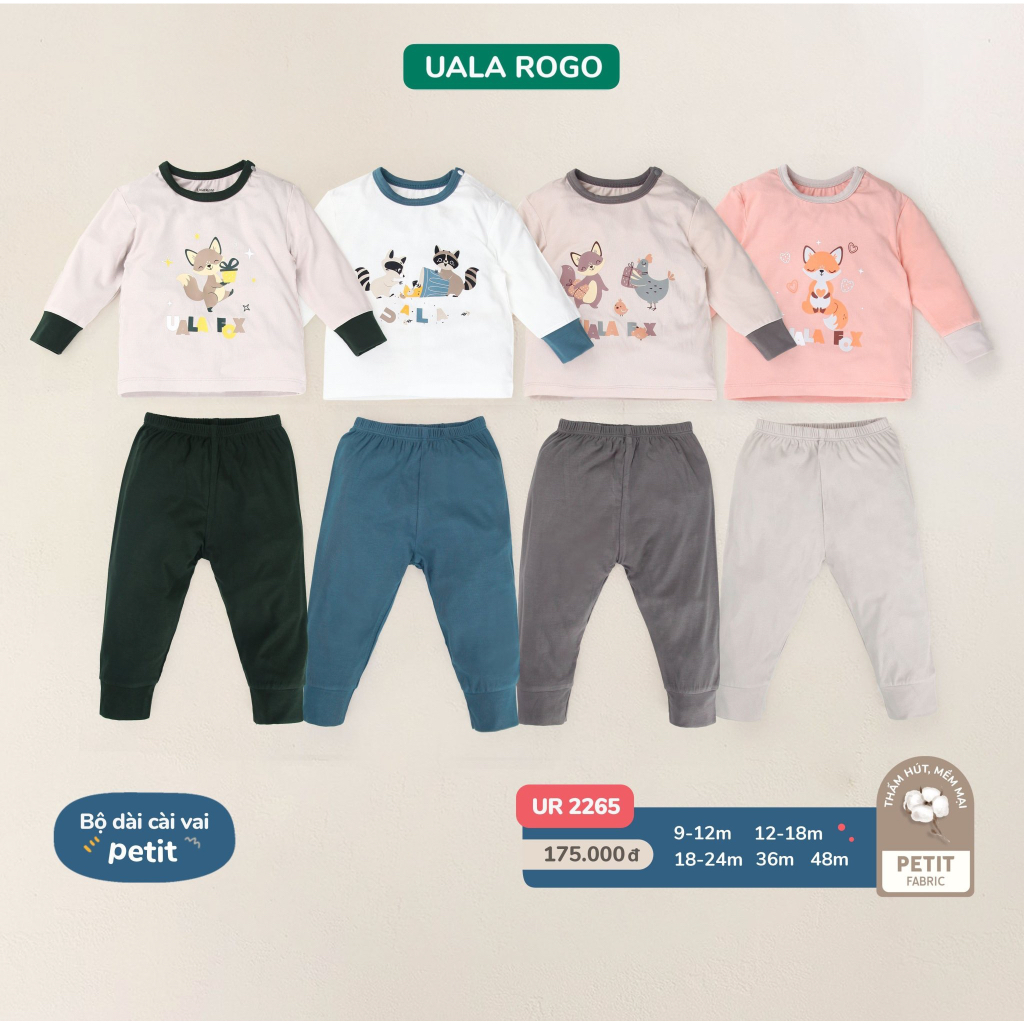 Bộ dài tay cài vai uala chất petit cao cấp họa tiết bé trai bé gái cáo, áo chữ quần caro UR 2265 2269 2277 2303