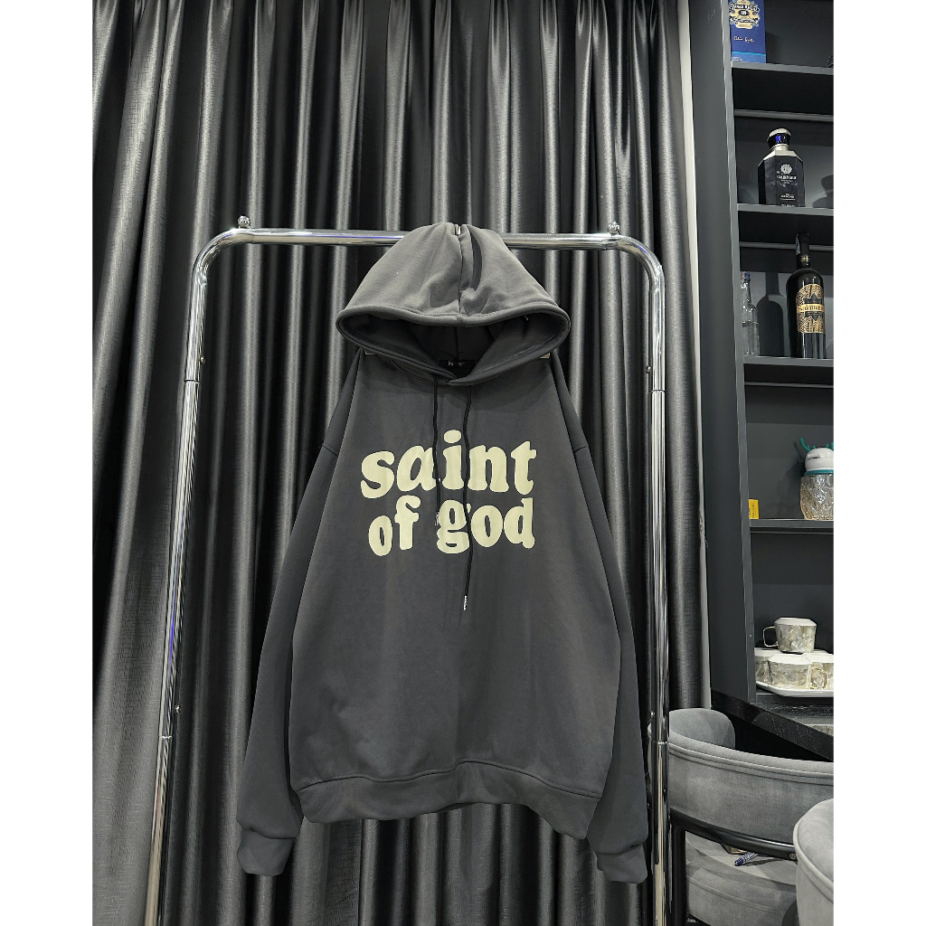 Áo hoodie form rộng unisex màu đen in chữ Saint of god chất liệu nỉ bông mịn ấm áp