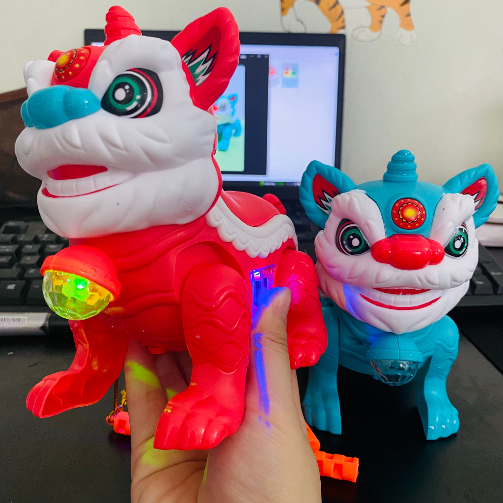 Đồ chơi Kỳ Lân Sư Tử chạy pin có 2 đèn phản quang và nhạc, con vật kèm que dây dẫn cho bé từ 6 tháng