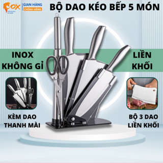 Bộ Dao 6 Món Đúc Nguyên Khối INOX Không Gỉ Kháng Khuẩn Cao Cấp Tặng Kèm Giá Đựng