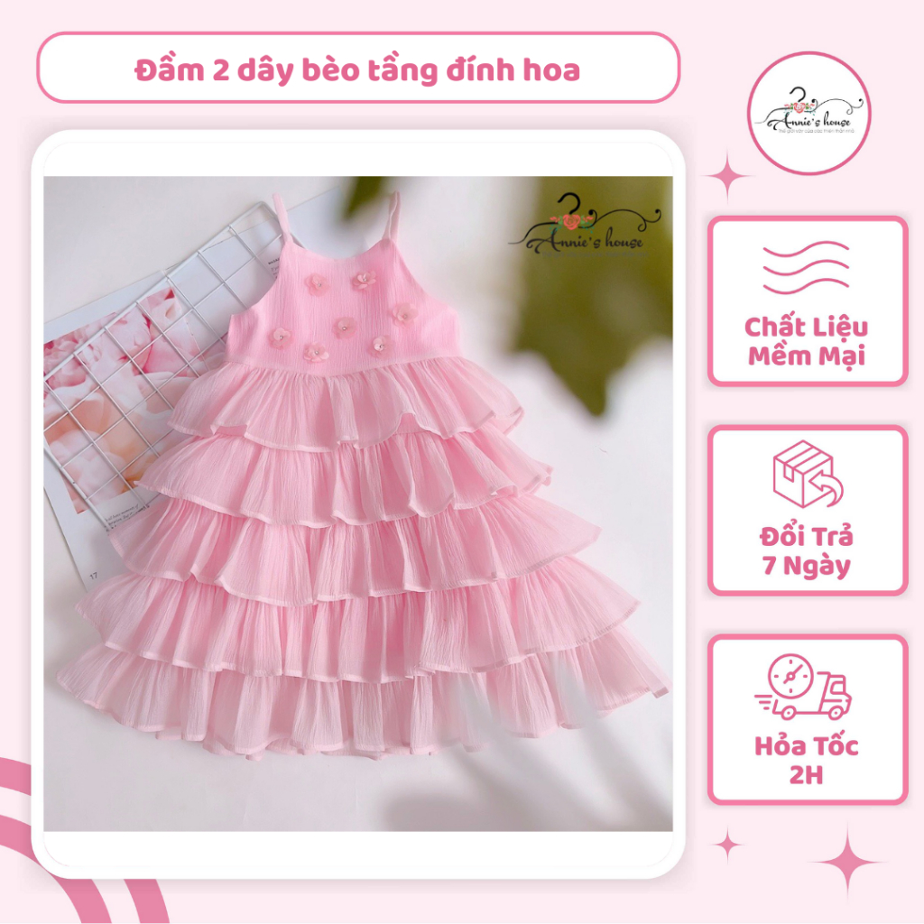 Váy bé gái Annie, Đầm 2 dây bèo tầng đính hoa tiểu thư cho bé gái 10-33kg