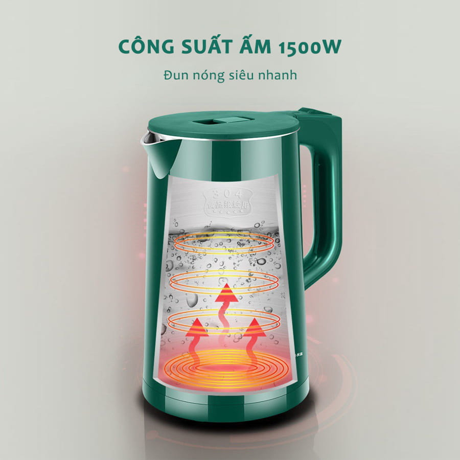 Ấm siêu tốc đun nước GODWELL dung tích 2.5L công suất 1500W bình siêu tốc 2 lớp cách nhiệt tự ngắt khi sôi