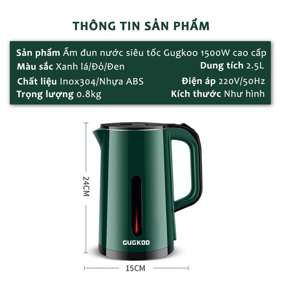 Ấm siêu tốc đun nước GODWELL dung tích 2.5L công suất 1500W bình siêu tốc 2 lớp cách nhiệt tự ngắt khi sôi