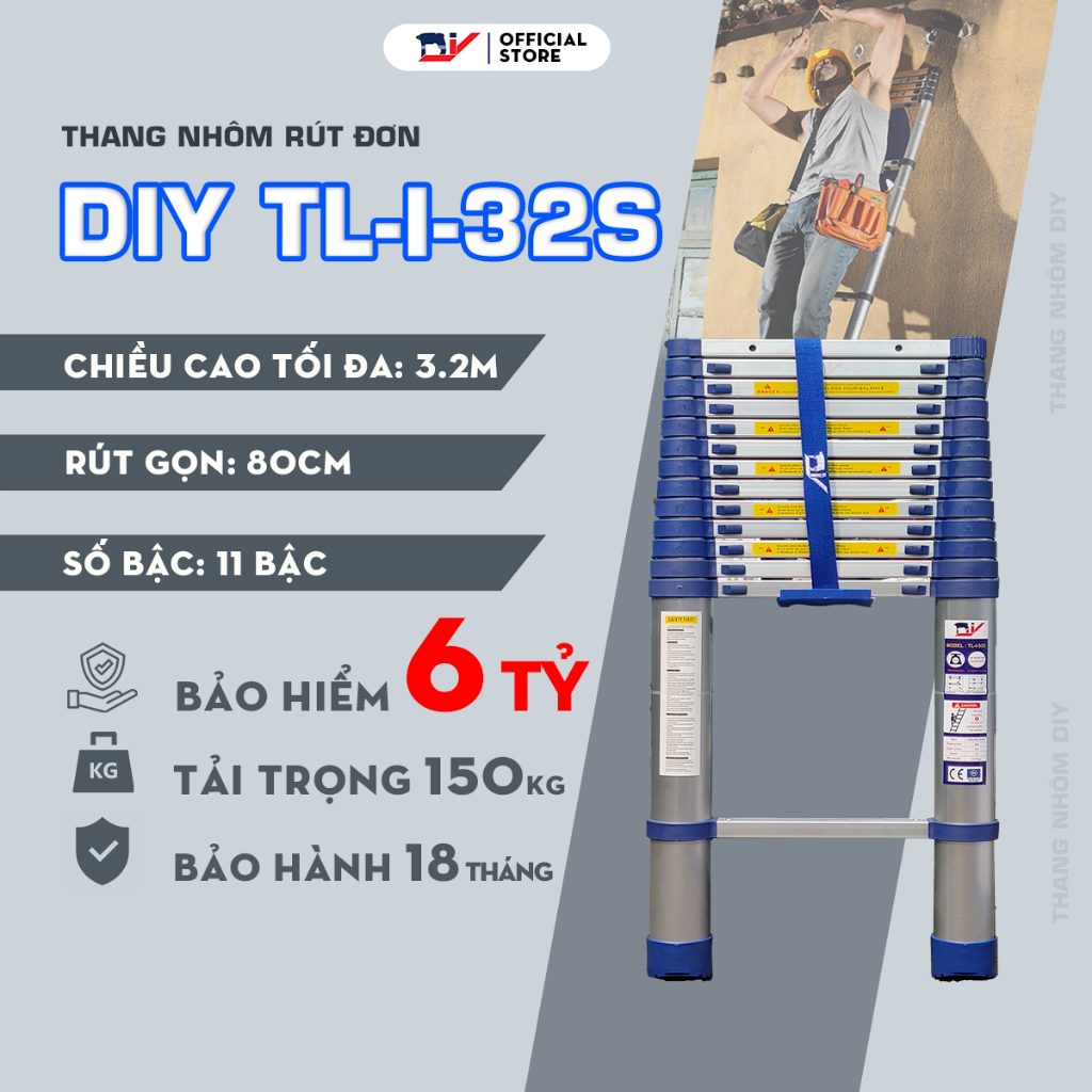 Thang nhôm rút đơn cao cấp DIY TL-I-32S chiều cao sử dụng tối đa 3.2M
