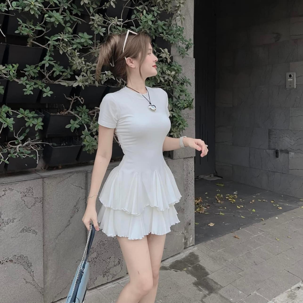 Sét bộ nữ dáng xoè cổ tròn tua rua xếp ly tầng chất vải thun cotton lạnh dày hot trend tôn da,tôn dáng cho các tình yêu