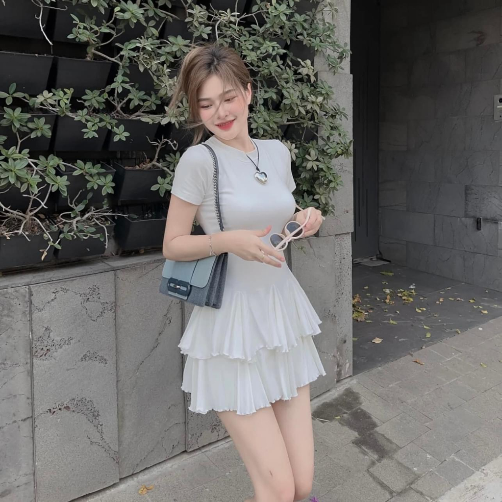 Sét bộ nữ dáng xoè cổ tròn tua rua xếp ly tầng chất vải thun cotton lạnh dày hot trend tôn da,tôn dáng cho các tình yêu