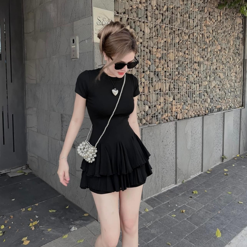Sét bộ nữ dáng xoè cổ tròn tua rua xếp ly tầng chất vải thun cotton lạnh dày hot trend tôn da,tôn dáng cho các tình yêu