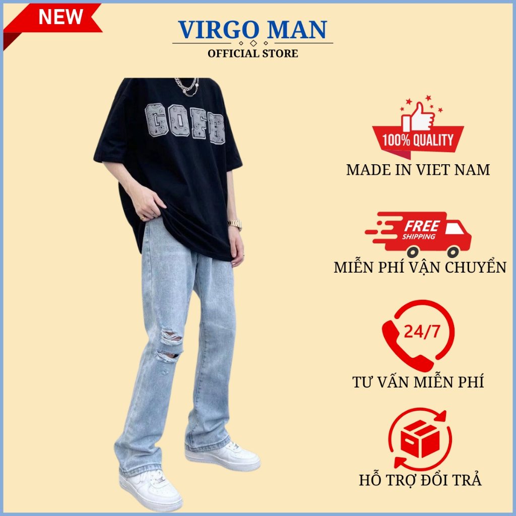 Quần jeans nam ống loe màu xanh hot trend phong cách hàn quốc-VIRGO MAN-Quần bò nam ống rộng cao cấp không phai màu