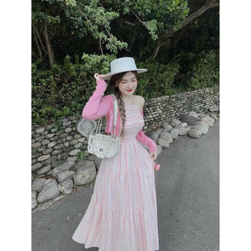 Set Bộ Đồ Áo Khoác thun gân + Đầm Nhún Yếm Đũi Kẻ Sọc MaPs