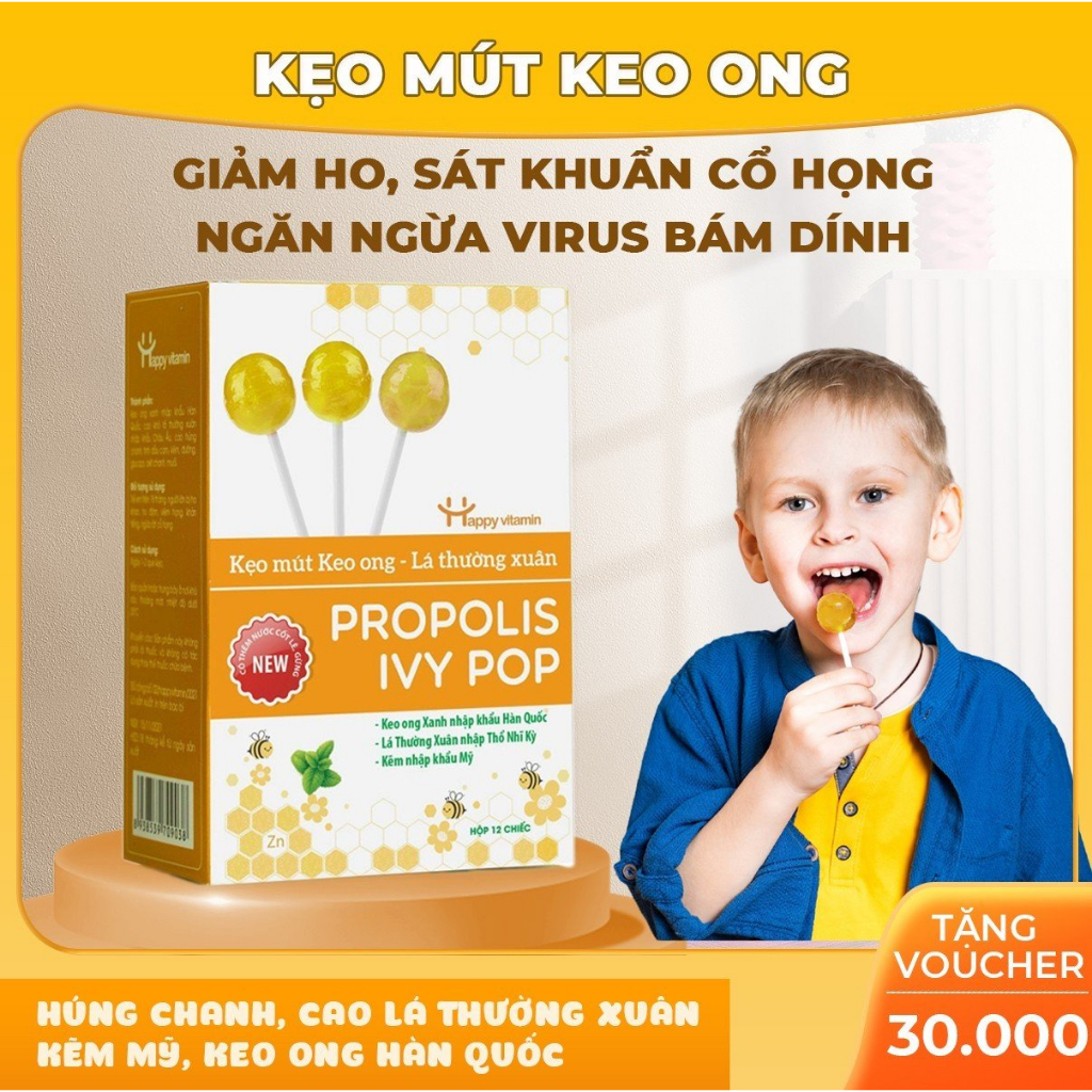 Kẹo mút ho keo ong lá thường xuân Happy Vitamin hỗ trợ ngăn ngừa ho, viêm họng, khản tiếng, bảo vệ vòm họng 12 que/hộp