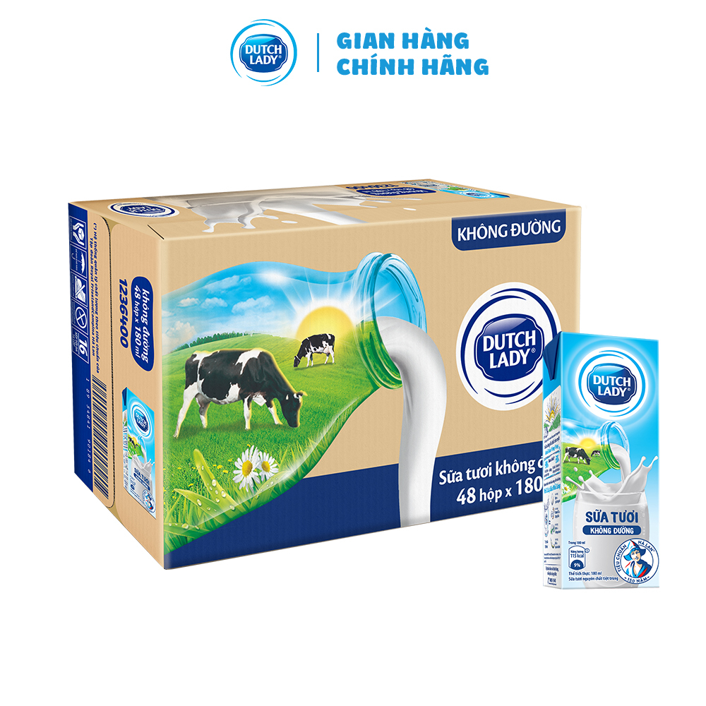 Thùng 48 Hộp Sữa Tươi Tiệt Trùng Dutch Lady Cô Gái Hà Lan không đường 48 x 180ml