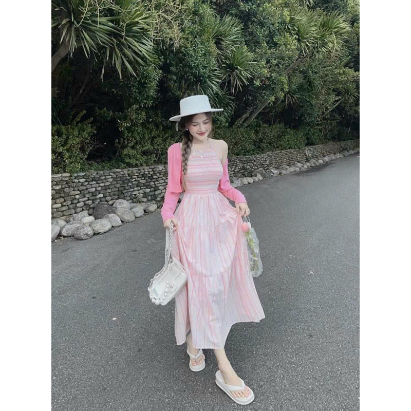 Set Bộ Đồ Áo Khoác thun gân + Đầm Nhún Yếm Đũi Kẻ Sọc MaPs