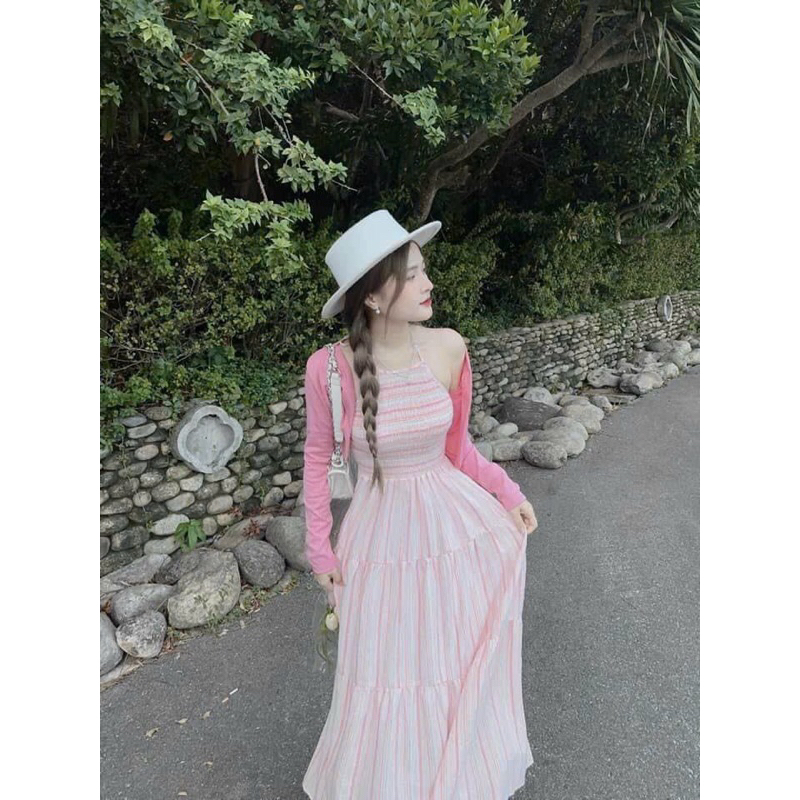 Set Bộ Đồ Áo Khoác thun gân + Đầm Nhún Yếm Đũi Kẻ Sọc MaPs