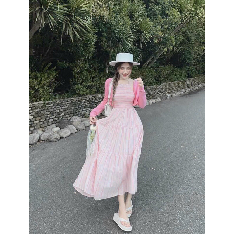 Set Bộ Đồ Áo Khoác thun gân + Đầm Nhún Yếm Đũi Kẻ Sọc MaPs