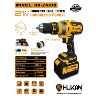 Máy khoan pin hukan z1600 lực siết 100 nm, không chổi than kèm 2 pin