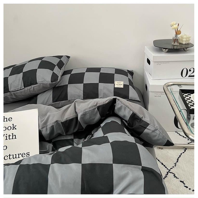 Set chăn ga cotton tici phối kẻ caro