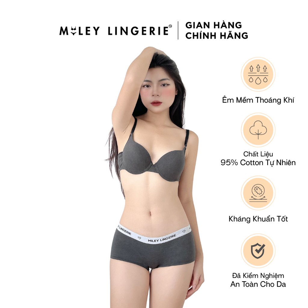 Bộ Đồ Lót Cotton Có Gọng Lưng Logo Kết Hợp Quần BoyShort Cá Tính Màu Xám Being Me Miley Lingerie