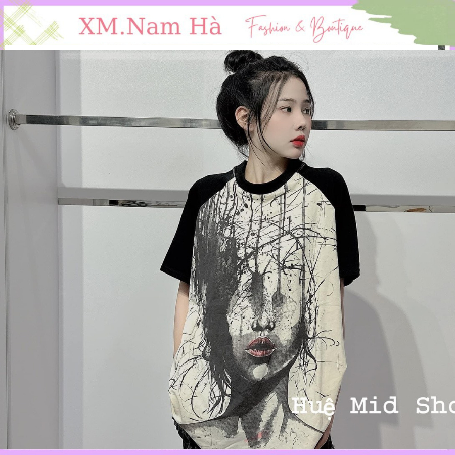 Áo thun phông rộng nữ chất cotton đẹp hình mặt nét nhòe cá tính