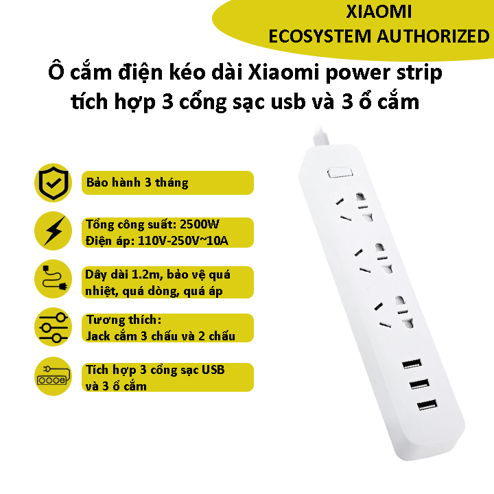 Ổ cắm điện kéo dài xiaomi power strip tích hợp 3 cổng sạc usb và 3 ổ cắm - Bảo hành 3 tháng