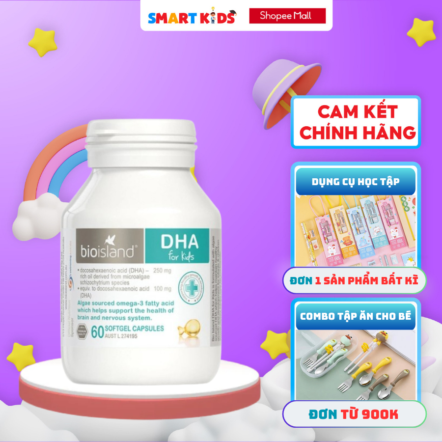 DHA cho bé Bioisland DHA For Kids hộp 60 viên giúp bé phát triển trí não và hệ thần kinh