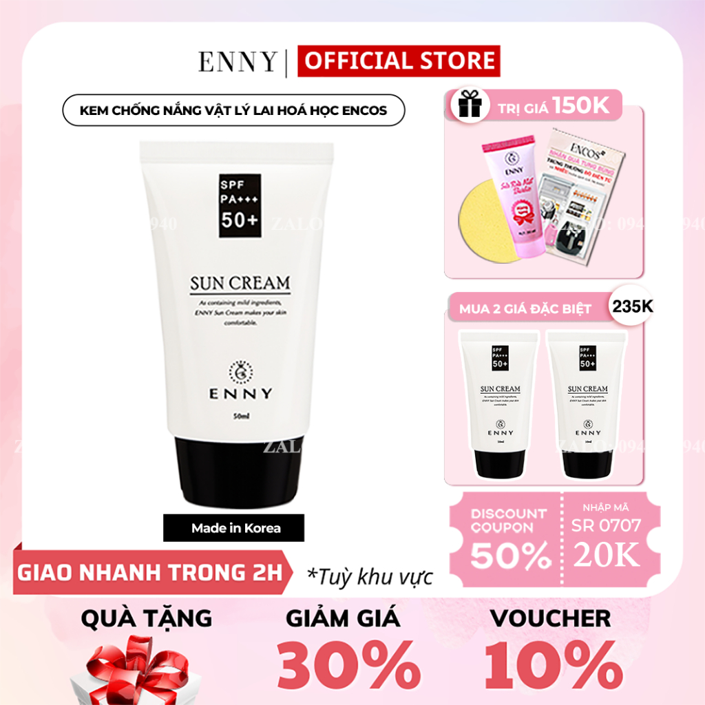 Kem Chống Nắng ENNY Chống Nước Dưỡng Ẩm Bảo Vệ Da SPF 50+ PA+++ Hàn Quốc Tặng 3 Quà