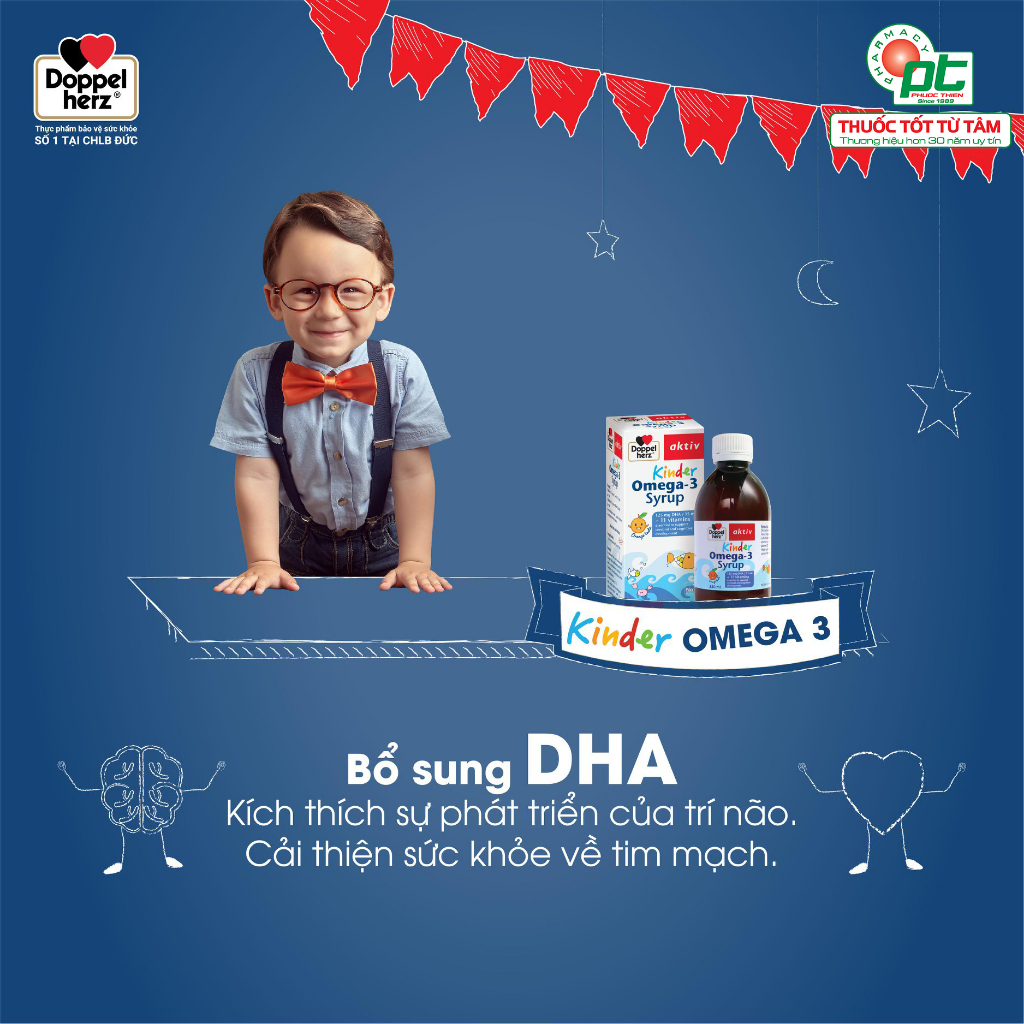 Siro dầu cá DHA cho bé Doppelherz Kinder Omega 3 Syrup 250ml - Phát triển trí não, sáng mắt cho trẻ