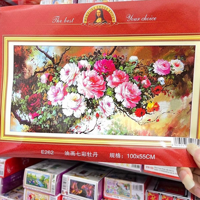 tranh thêu chữ thập phong cảnh hoa mẫu đơn E262 (100x55)cm