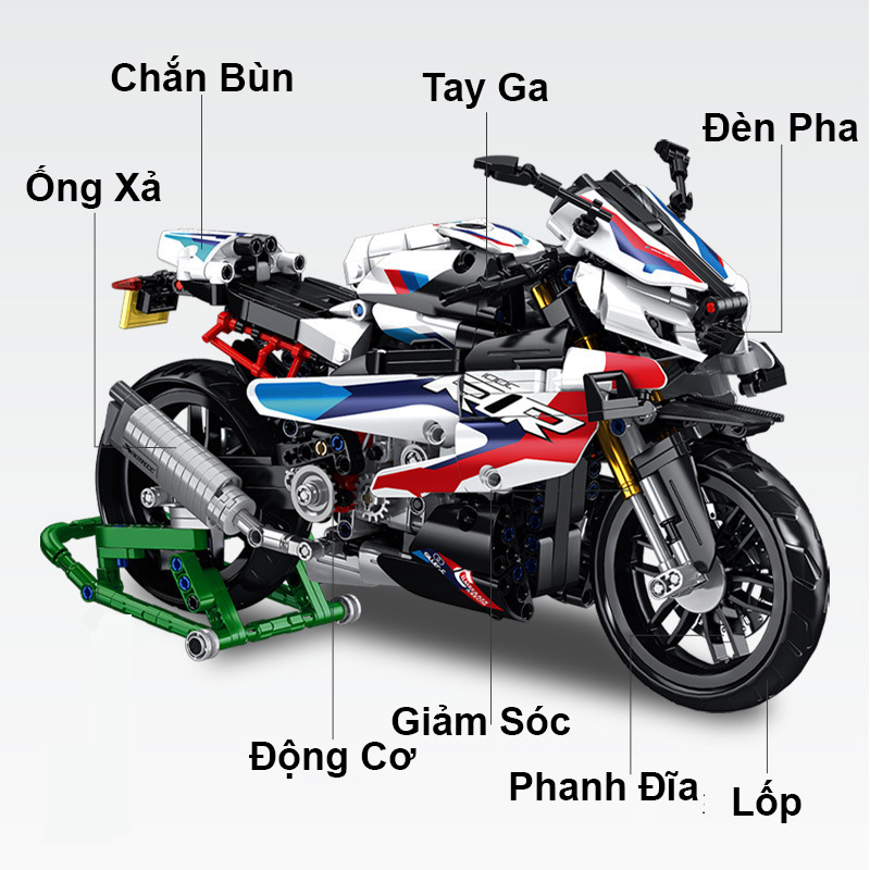 Đồ Chơi Lắp Ráp Kiểu Lego Mô Hình Trưng Bày Xe Máy Motor BMW S1000RR Tỉ Lệ 1:8 Model S672004 Với 912+ Mảnh Ghép