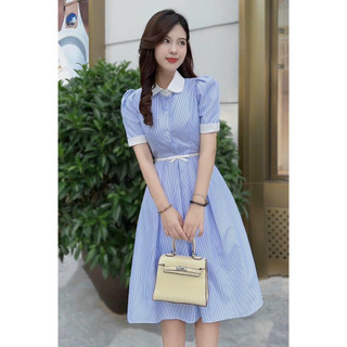 [New Sales 2024] Đầm caro xanh cổ bèo chiết eo tay ngắn dáng xòe mặc thanh lịch nhẹ nhàng