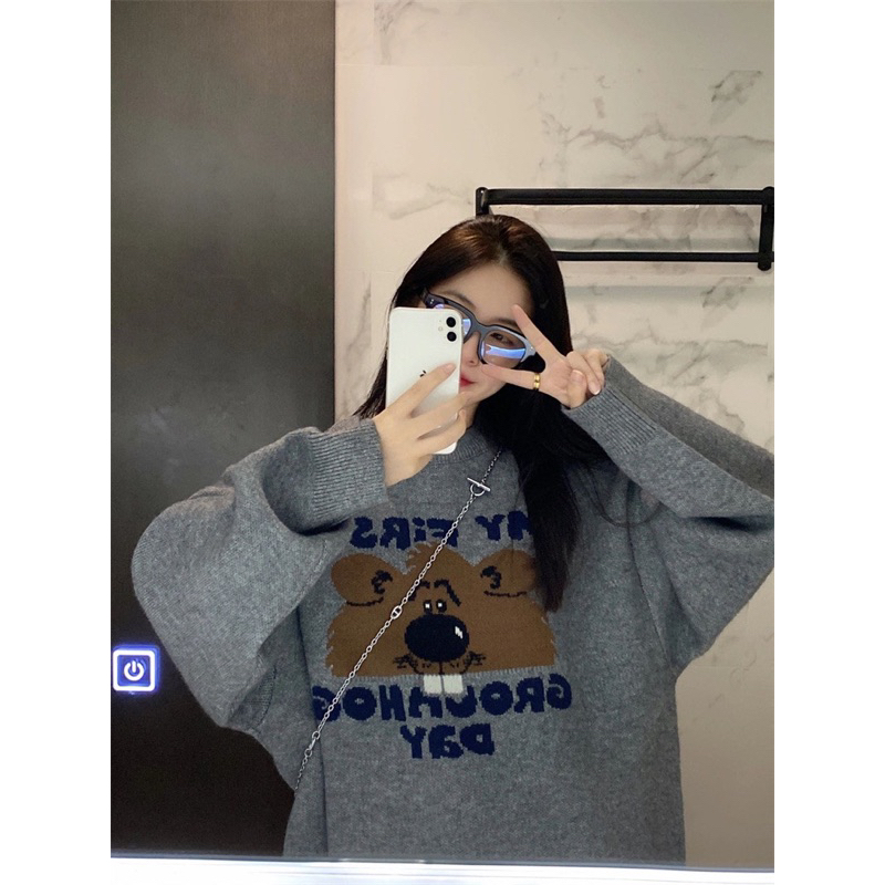 Áo Len Xám Thêu Gấu