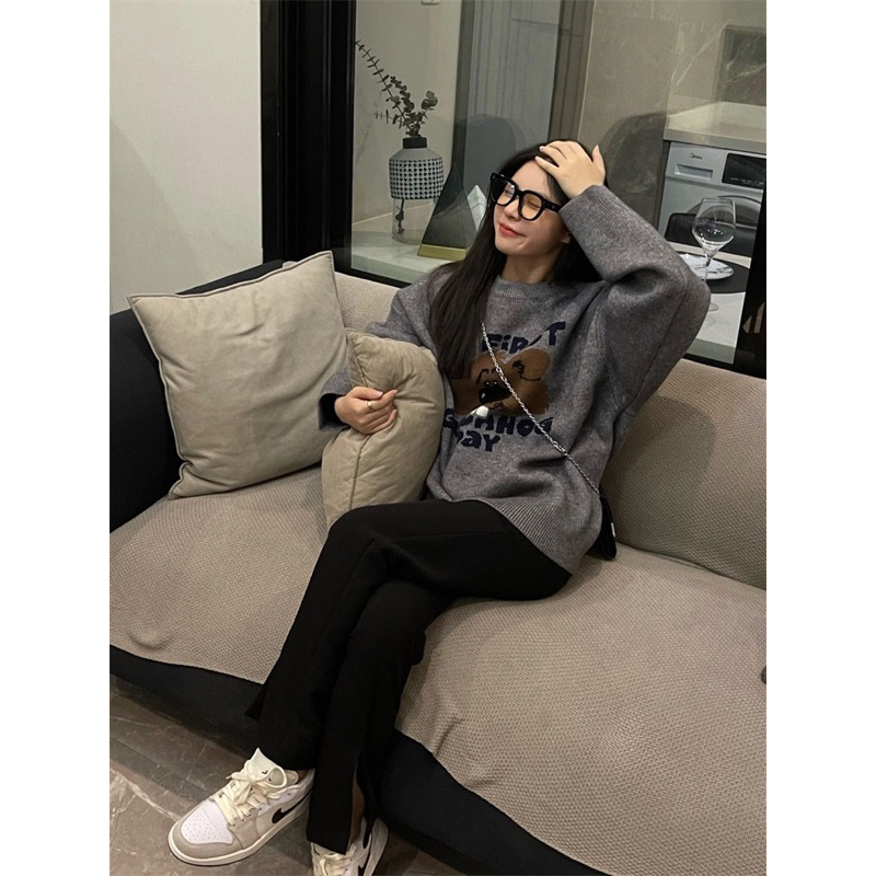 Áo Len Xám Thêu Gấu